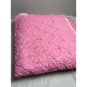 Pottery Barn Kids Quilt Girls Pink Reversible Ruched Floral Button Full/Queen